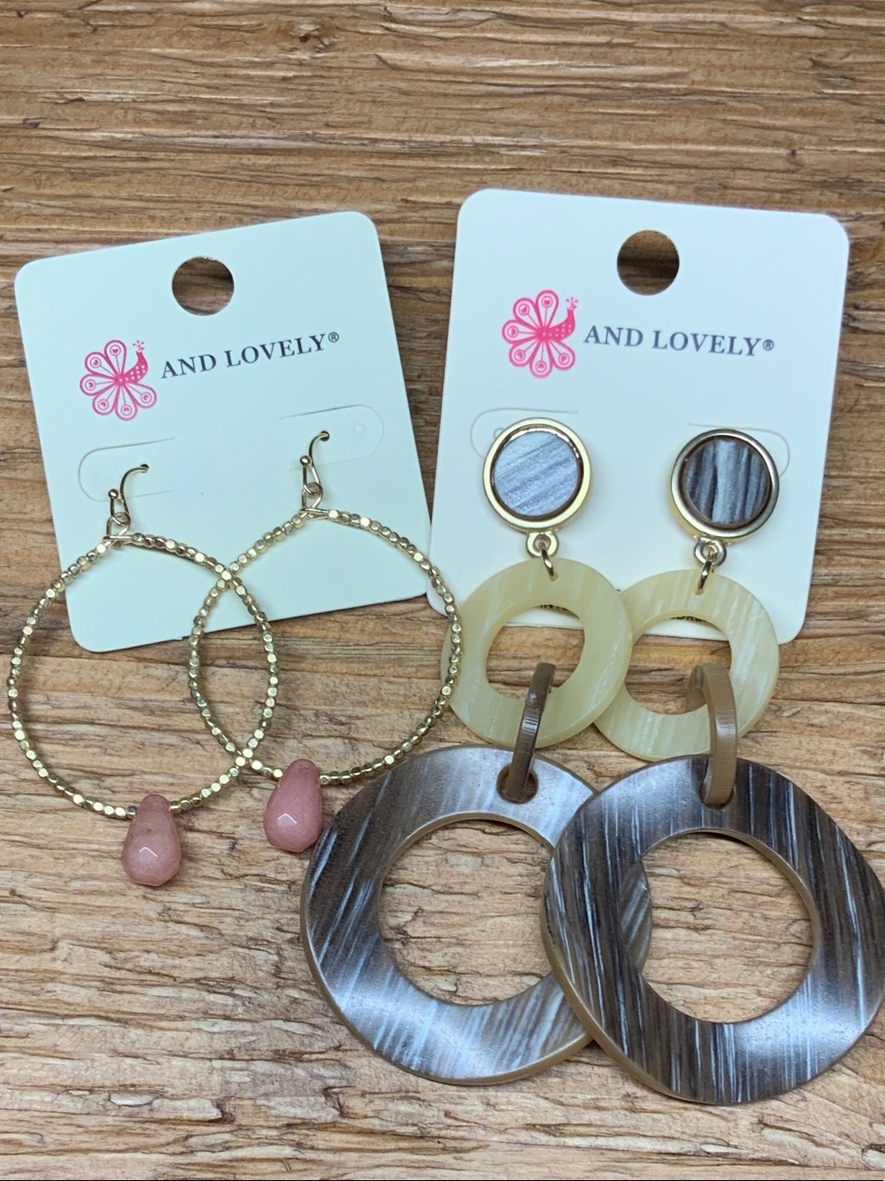 And Lovely Gold Hoop Earrings with Pink Stone & Neutral Resin Dangle Earring Set